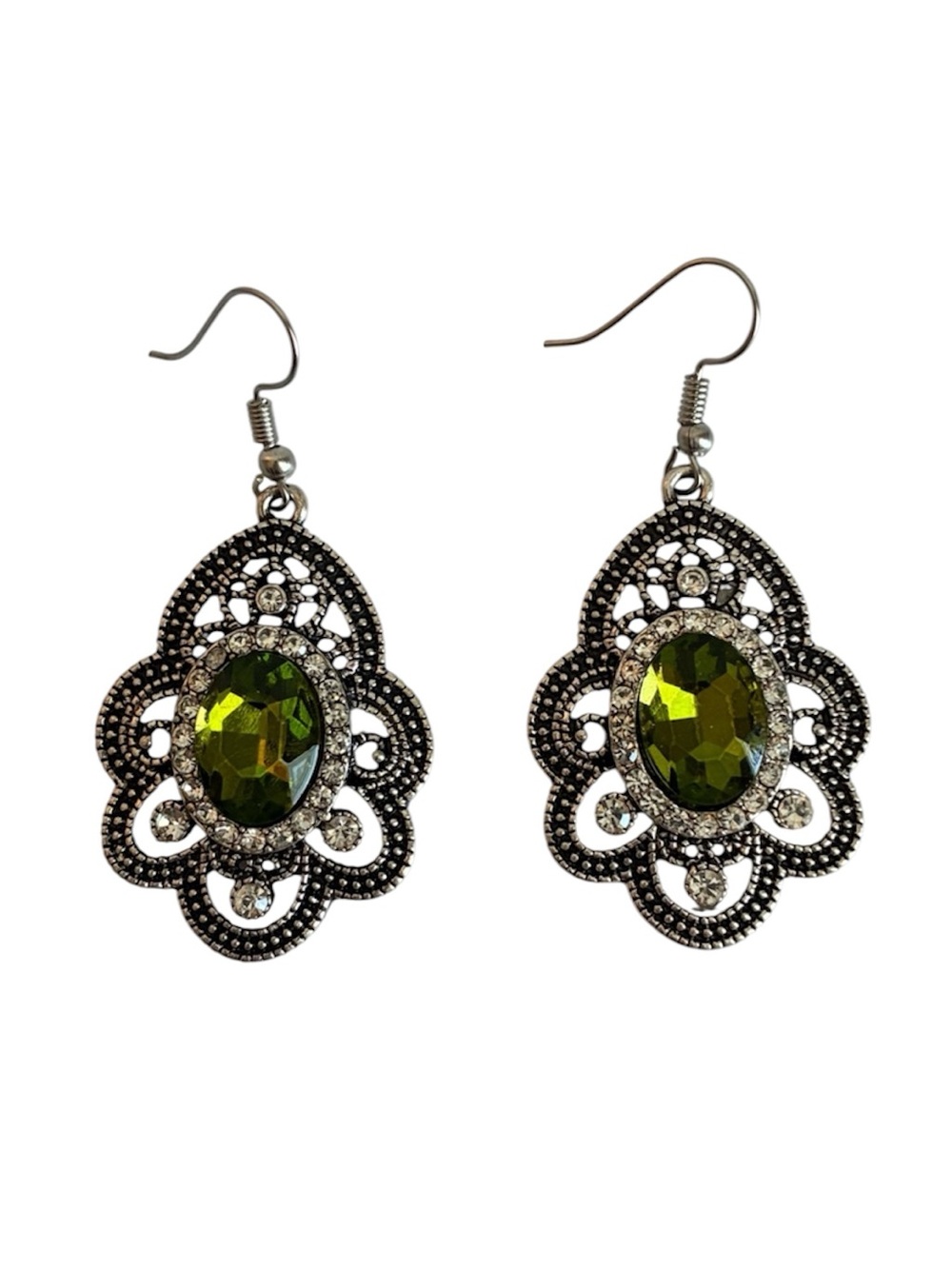 Vintage-Style Silver Earrings with Green Gemstone